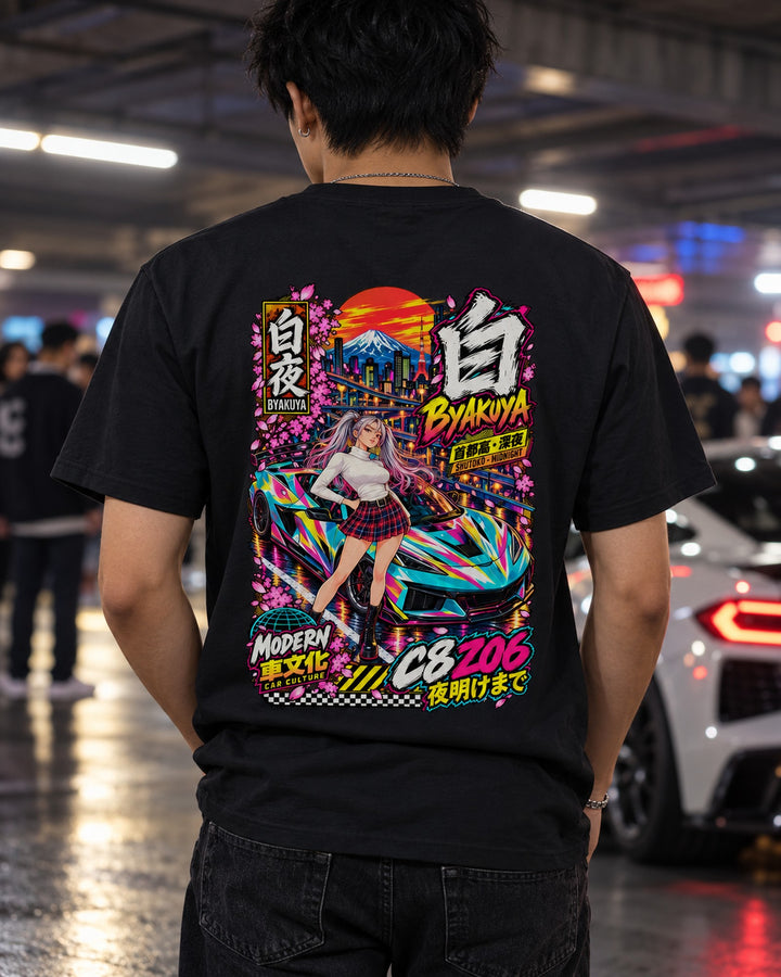 BYAKUYA C8 Z06 Anime Girl Full-Back Graphic Tee T-Shirt Black worn hero