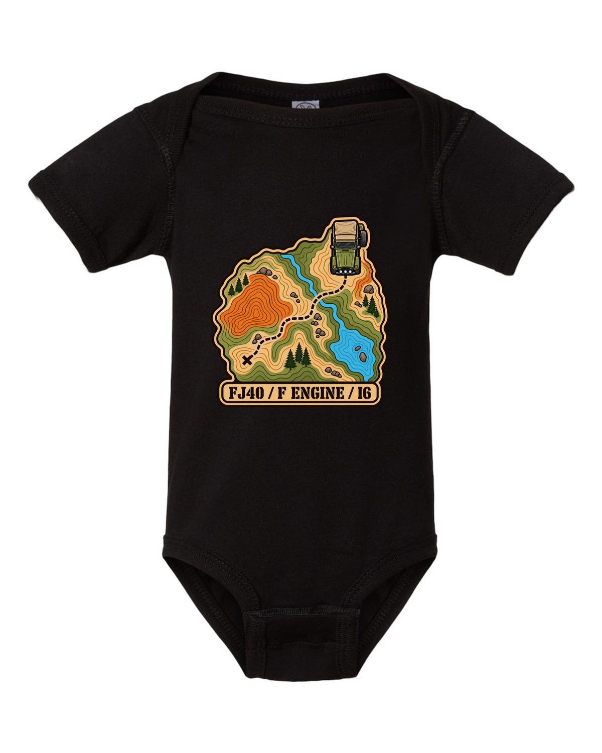 Topographic route map illustration of a Toyota Land Cruiser FJ40 with F engine I6 lettering black baby onesie front view with the design