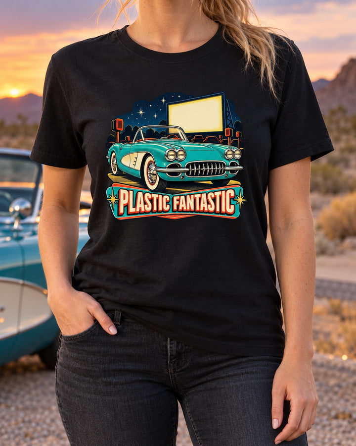 1959 Corvette C1 Vintage Race Poster Tee, Plastic Fantastic T-Shirt Black worn hero