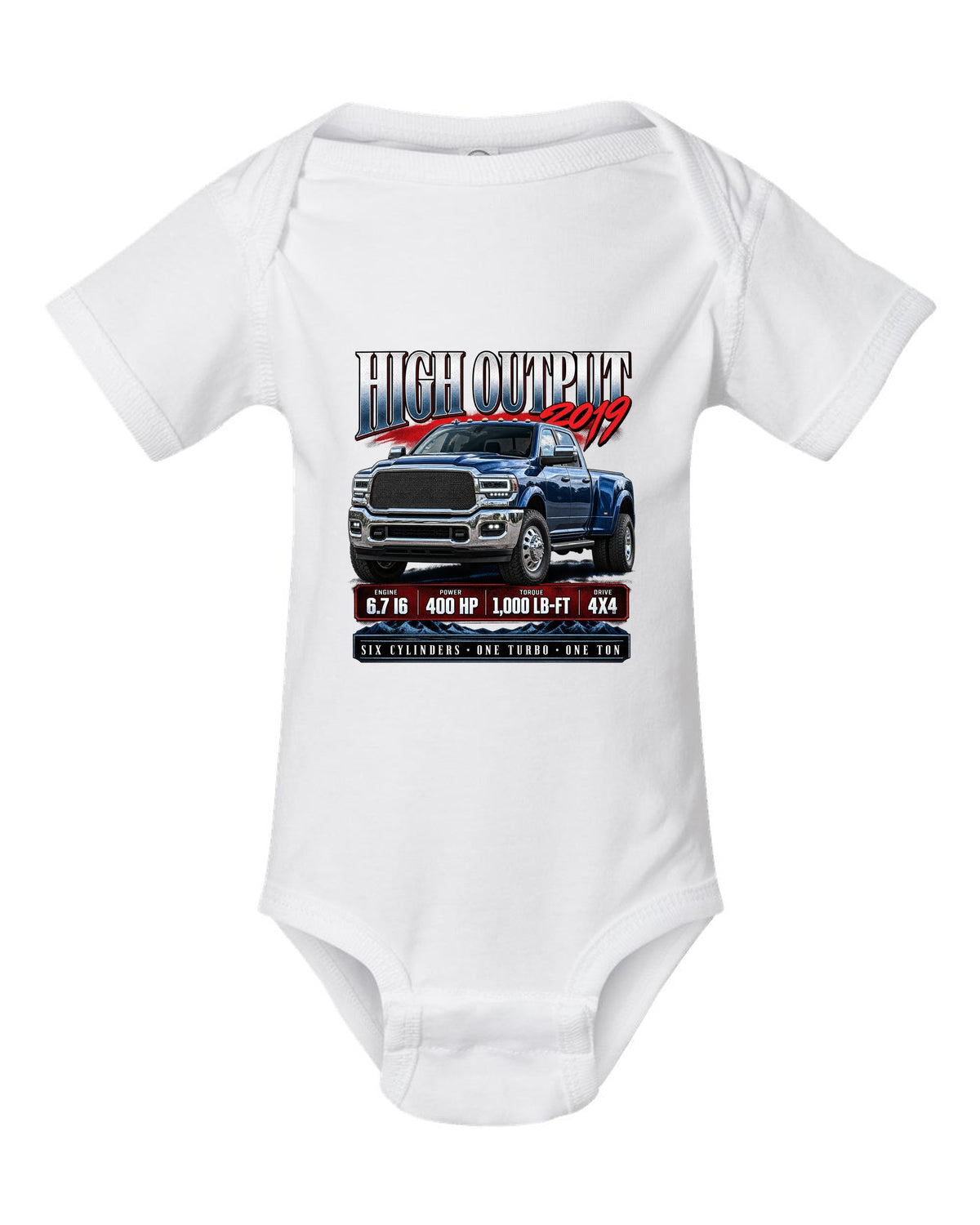 Archive panel of a 2019 Ram 3500 5th gen High Output 6.7 with 400 HP and 1,000 lb-ft white baby onesie front view with the design