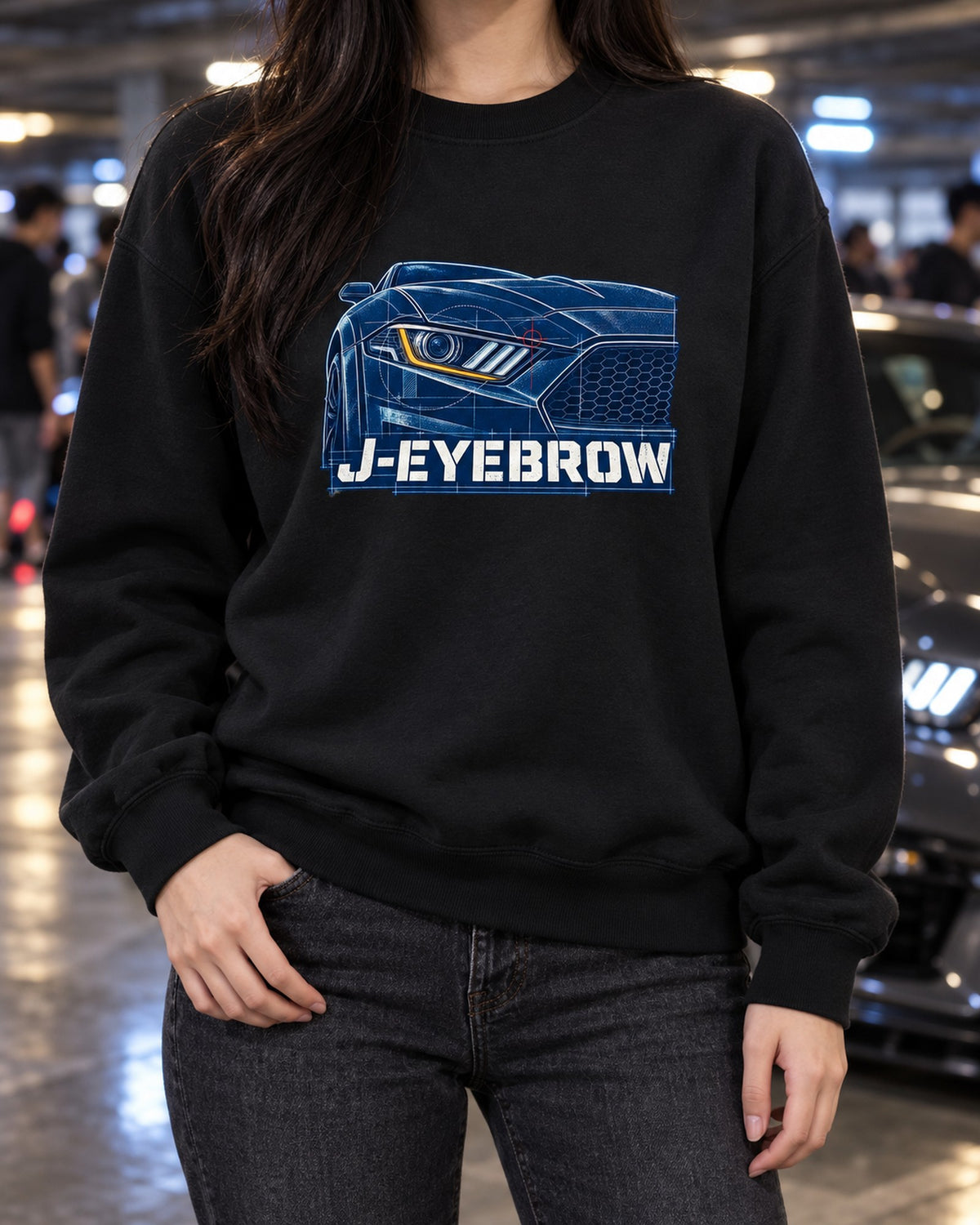 S550 Mustang Fastback J-Eyebrow Cyanotype Blueprint Shirt Crewneck Black worn hero