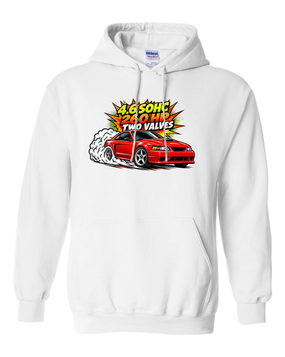 Comic halftone pop-art print of a 1999-2004 Ford Mustang SN95 New Edge burnout white pull over hoodie front view with the design