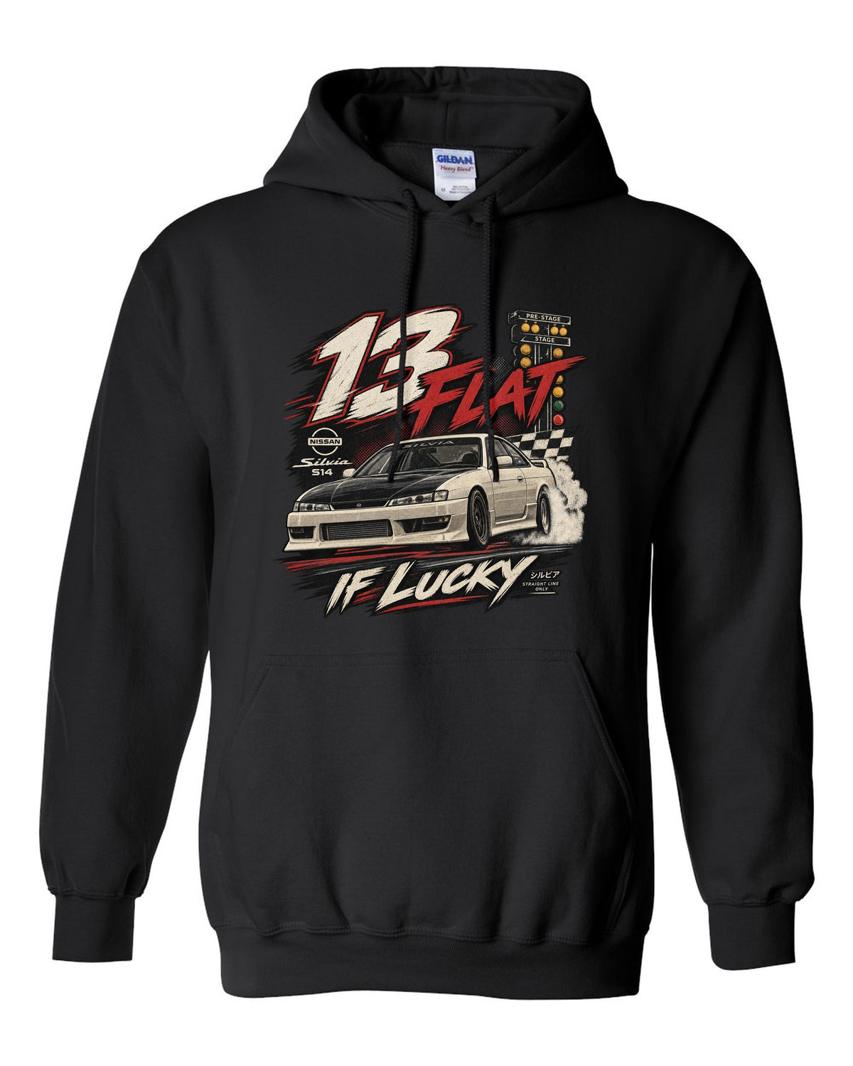 Vintage race poster print of a Nissan Silvia S14 with 13 flat if lucky text black pull over hoodie front view with the design