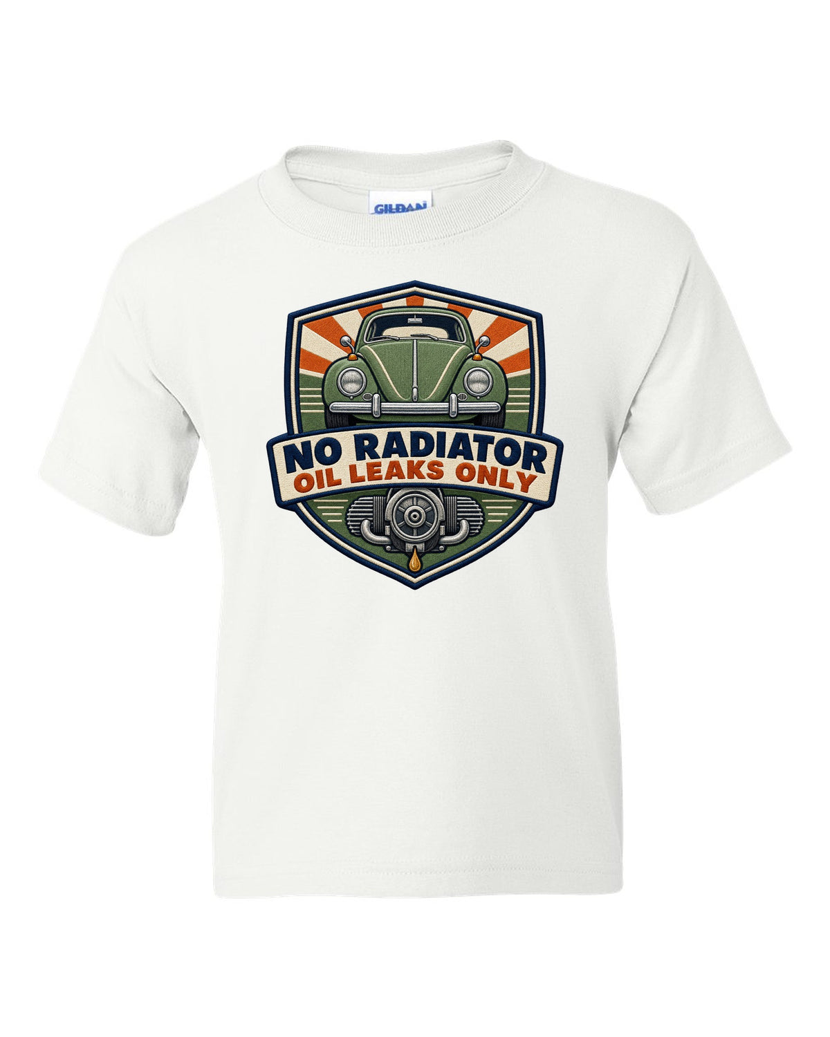 Shield crest for the VW Beetle Type 1 1303 reading no radiator, oil leaks only white kids tee front view with the design