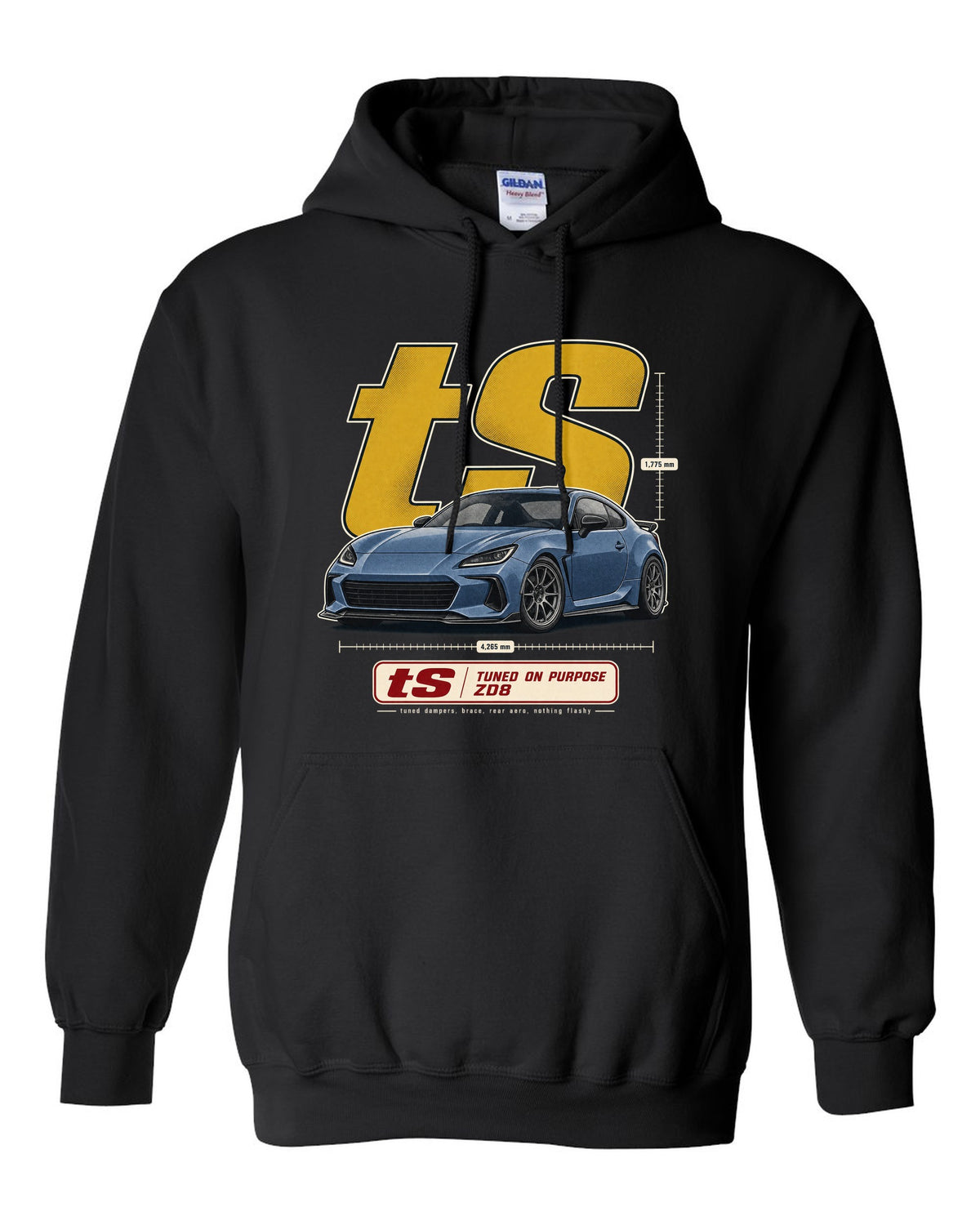 Halftone poster-style print of a Subaru BRZ tS ZD8 with tuning statement lettering black pull over hoodie front view with the design