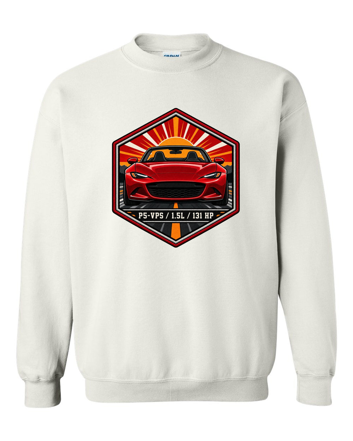 Embroidery-style hex crest of a Mazda MX-5 ND with P5-VPS 1.5L 131 HP text white crewneck front view with the design
