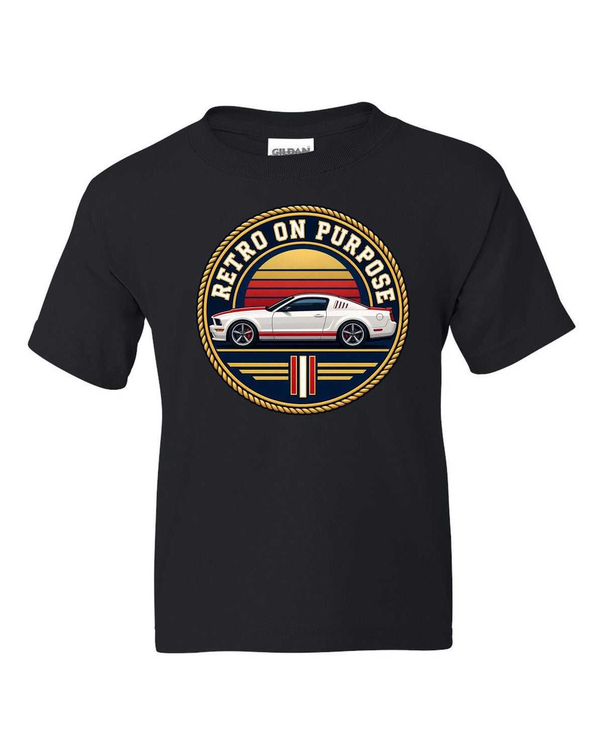 Varsity crest of a 2005-2014 S197 Ford Mustang fastback with Retro on purpose text black kids tee front view with the design