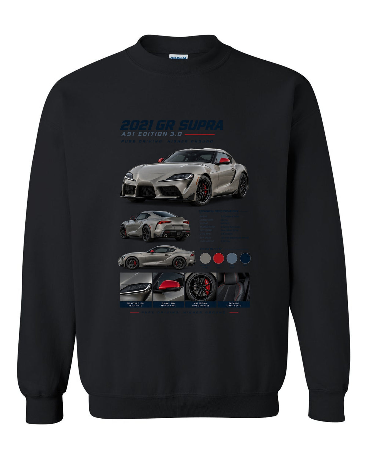 Dossier panel layout of the 2021 Toyota GR Supra A91 Edition in warm grey pearl with red mirror caps black crewneck front view with the design