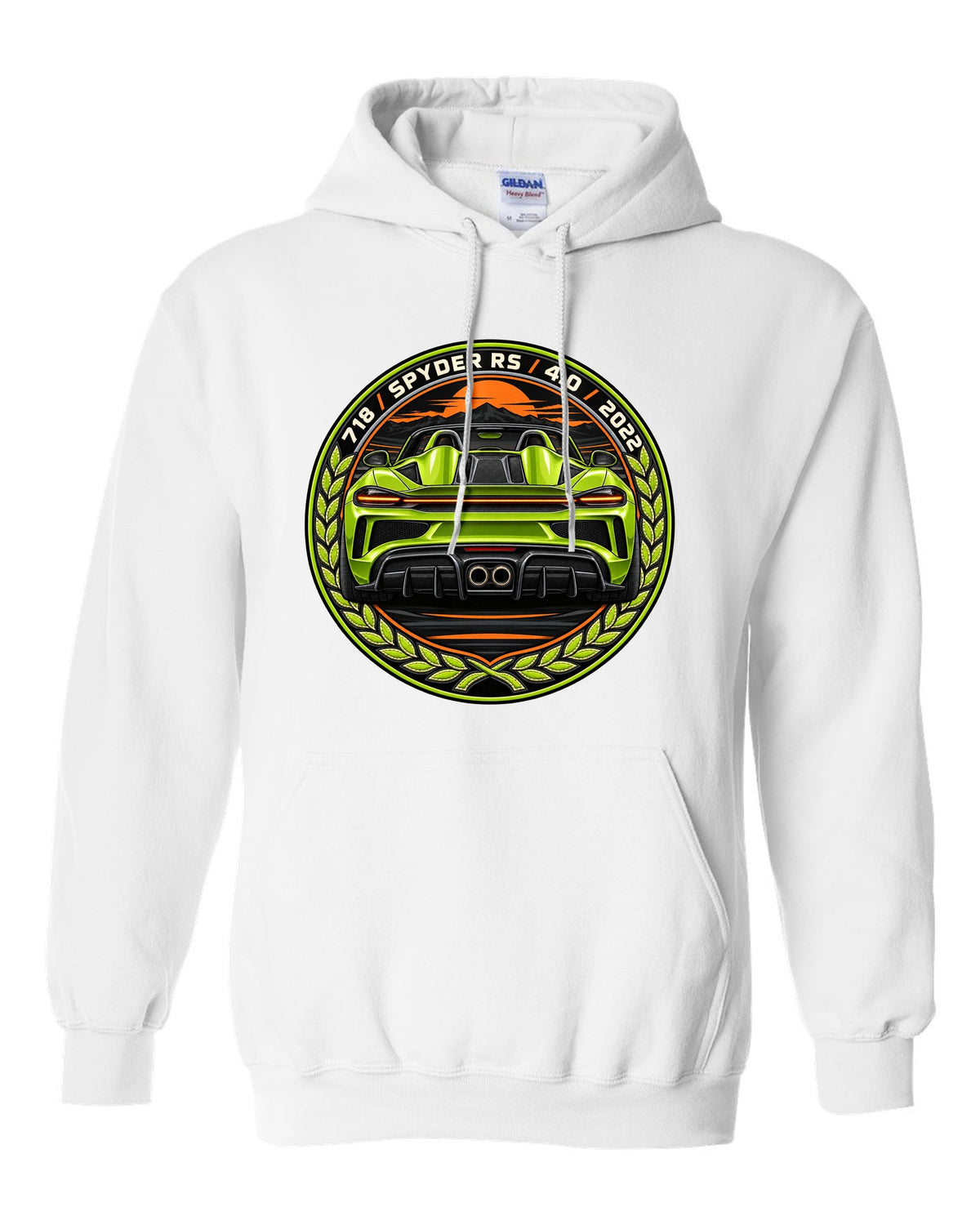 Round crest design for the Porsche 718 Spyder RS with 4.0 and 2022 lettering white pull over hoodie front view with the design