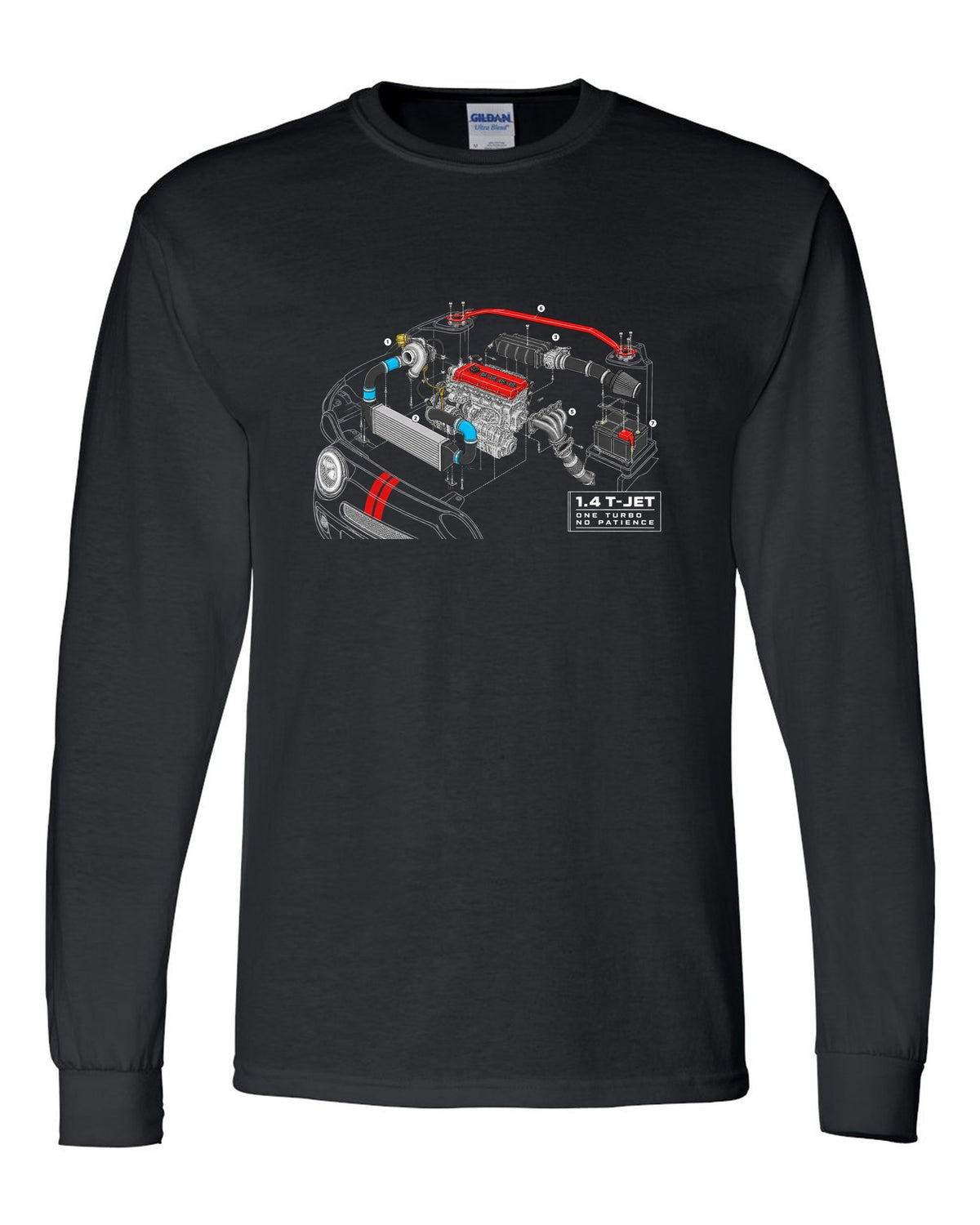 Exploded cutaway engine blueprint of the Abarth 695 1.4 T-Jet black long sleeve front view with the design