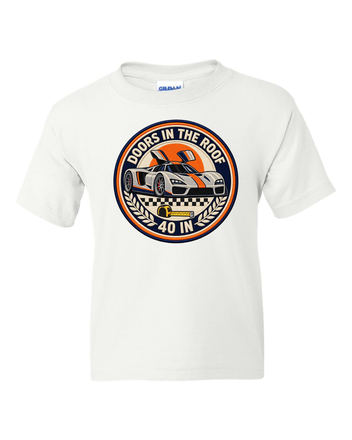 Round crest design for the Ford GT40 Mk II with doors in the roof lettering white kids tee front view with the design