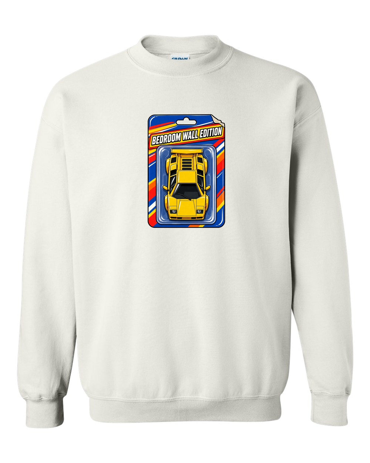 Top-down Lamborghini Countach LP400 S on a toy blister card labelled Bedroom Wall Edition white crewneck front view with the design
