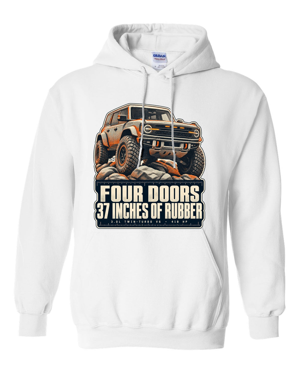 Ford Bronco Raptor halftone print with four doors 37 inches text white pull over hoodie front view with the design