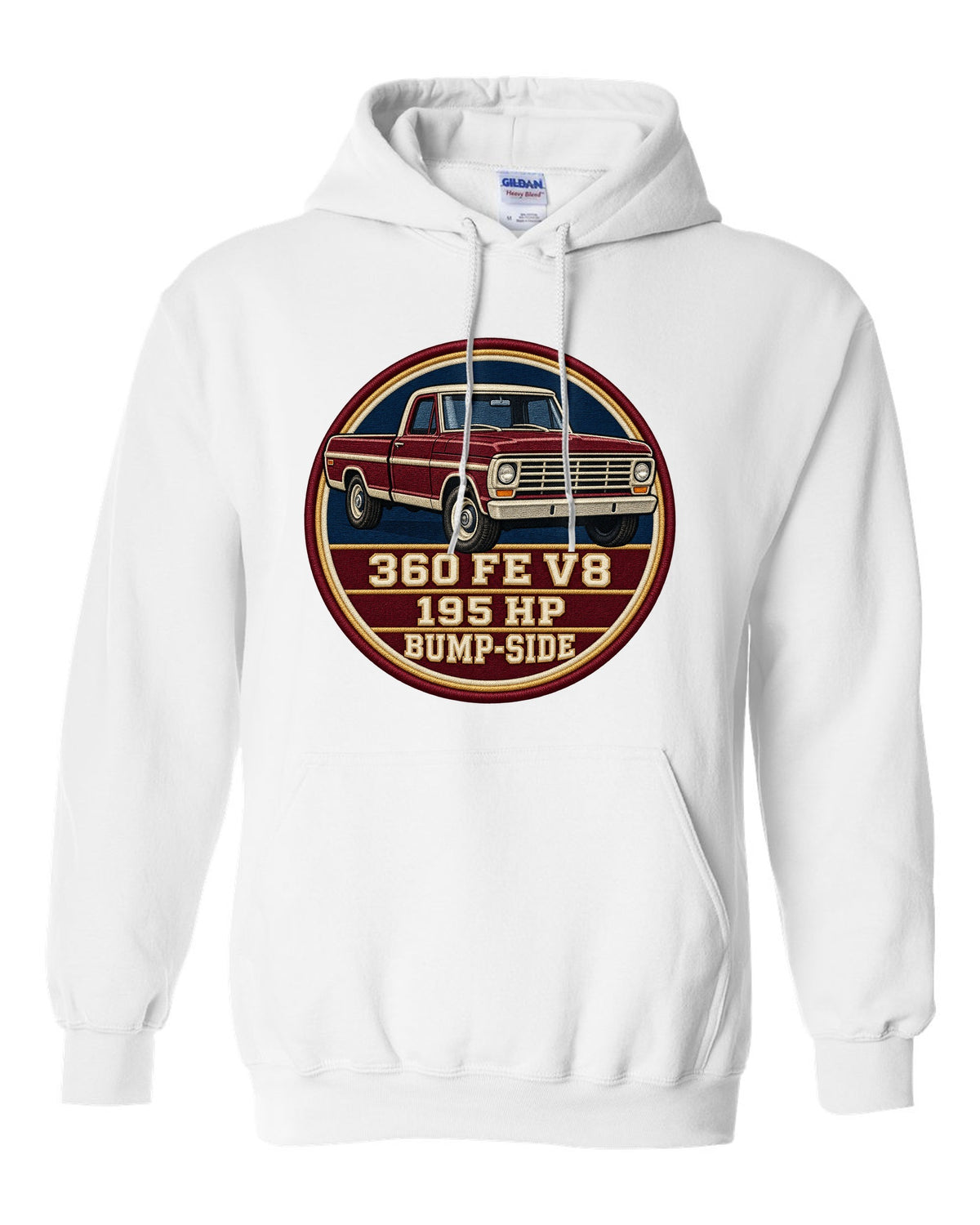 Bump-Side Ford F-Series 1967-72 Crest print Tee white pull over hoodie front view with the design