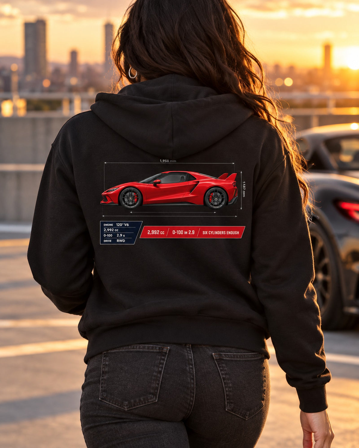 Ferrari 296 GTB Spec Poster Shirt, 2,992 cc Six Cylinders Zip Hoodie Black worn hero