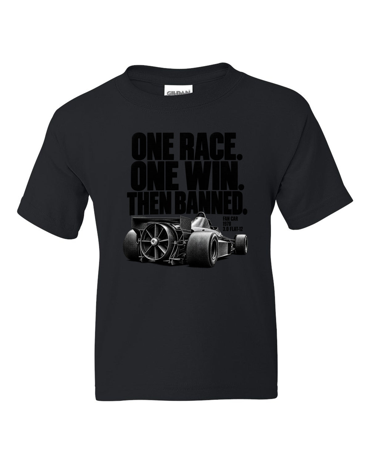 Brabham BT46B fan car halftone print with one race one win text black kids tee front view with the design