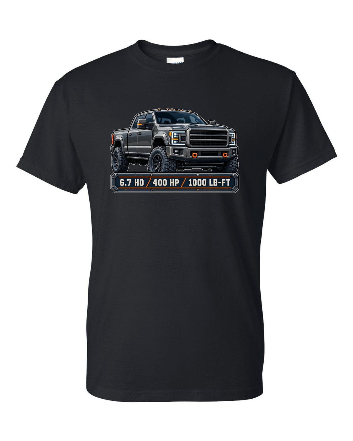 Spec-sheet data plate print for a 2019-2024 Ram HD 2500 crew cab with 6.7 HO 400 HP 1000 lb-ft text black t-shirt front view with the design