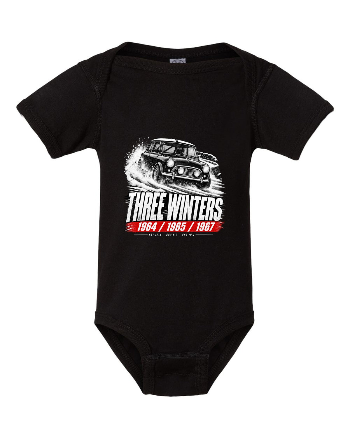 Race poster print of a 1964 Classic Mini Cooper S Mk I rally car with three winters text black baby onesie front view with the design