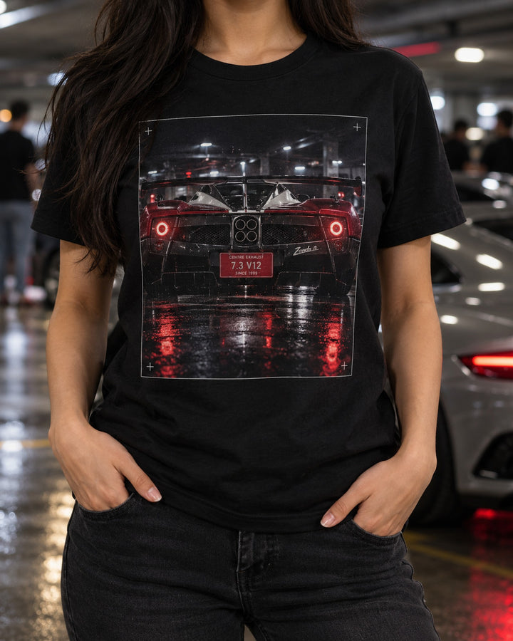 Zonda Quad Exhaust Rear Detail Tee, Pagani Car Shirt T-Shirt Black worn hero