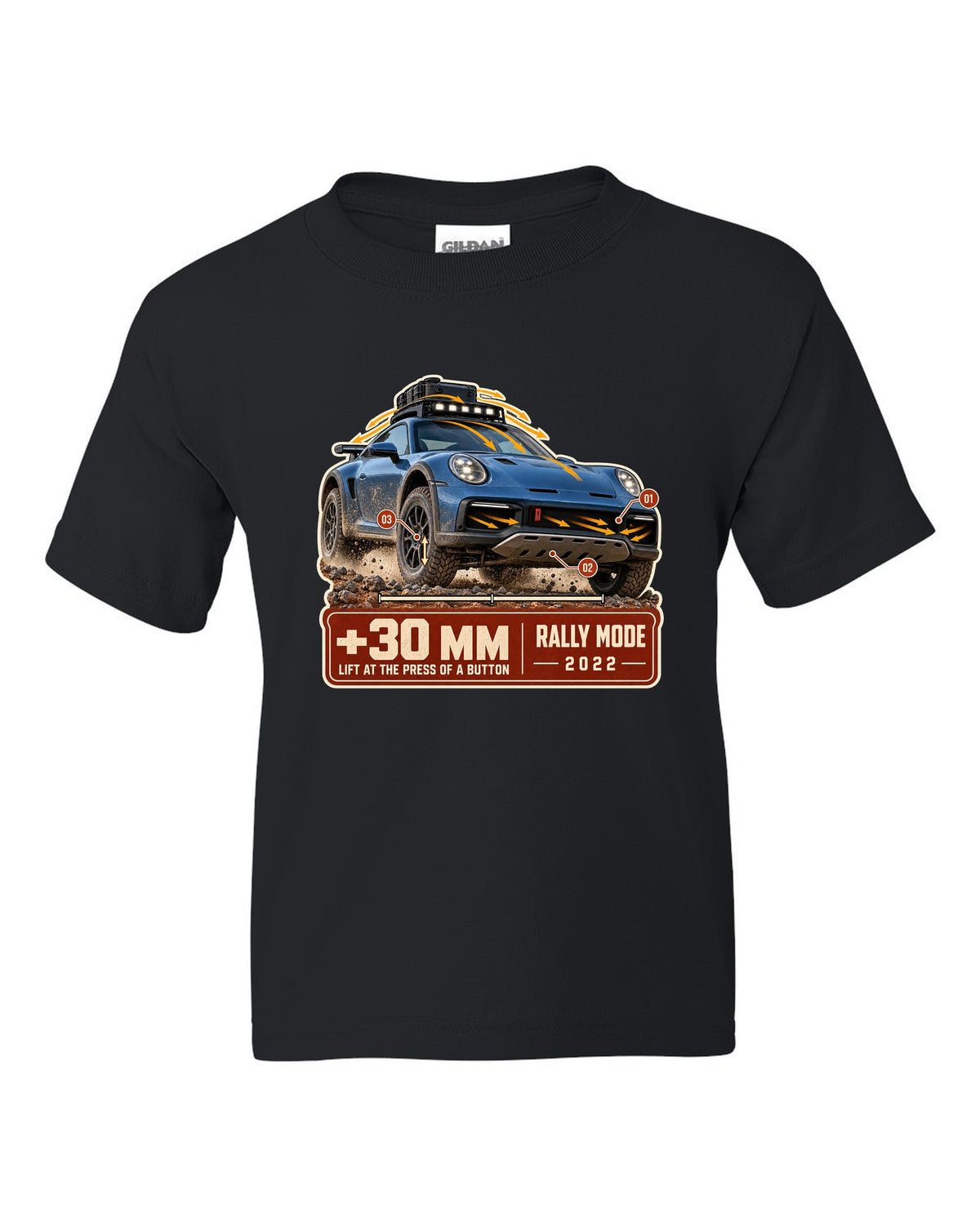 Aero callout print of a Porsche 911 Dakar 992 showing the lift feature black kids tee front view with the design