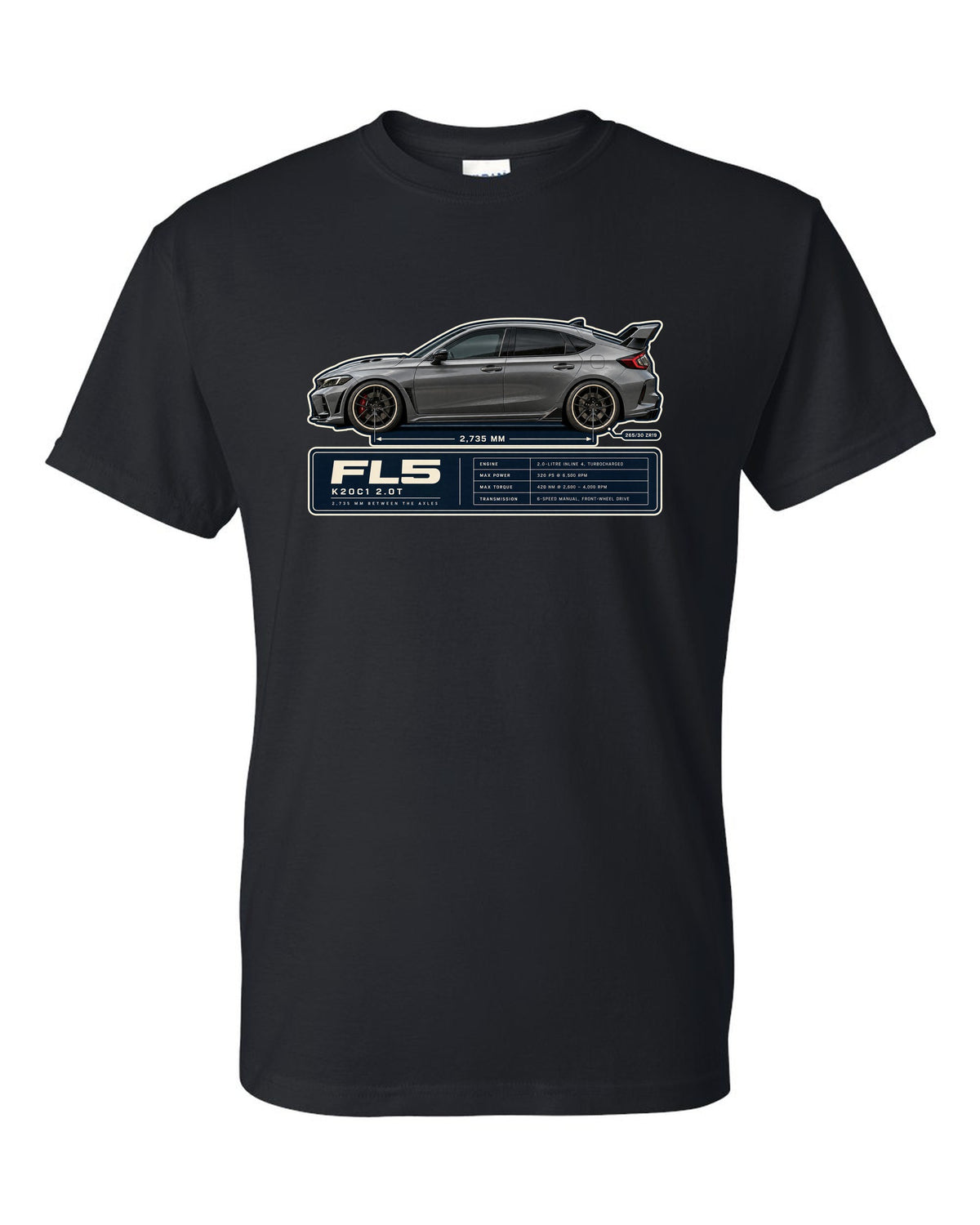 Honda Civic Type R FL5 Wheelbase Blueprint black t-shirt front view with the design