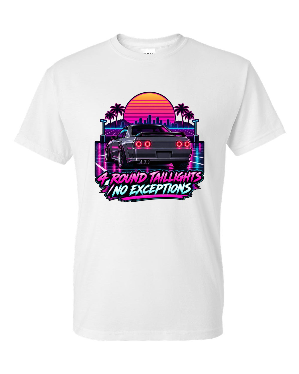 Neon synthwave print of a Nissan Skyline GT-R R32 BNR32 rear with four round taillights white t-shirt front view with the design