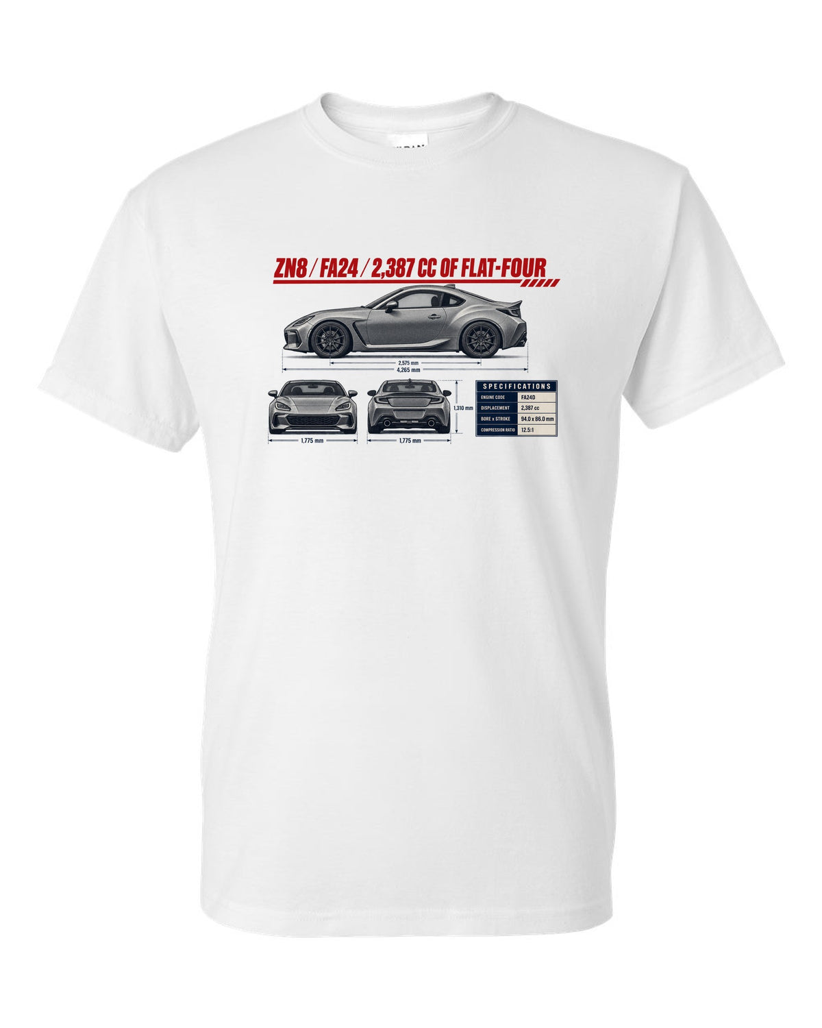 Three-view drawing with spec table of a Toyota GR86 ZN8, poster-style print white t-shirt front view with the design