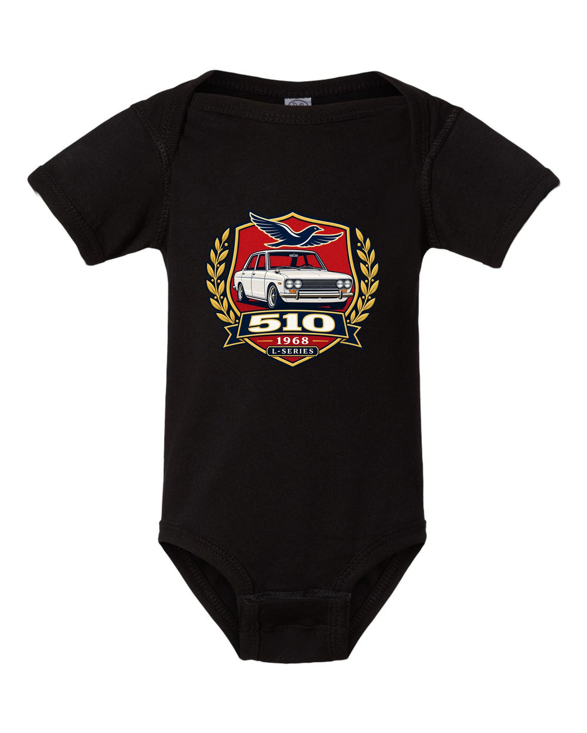 Shield crest print for the Datsun 510 with 510, 1968 and L-Series lettering black baby onesie front view with the design
