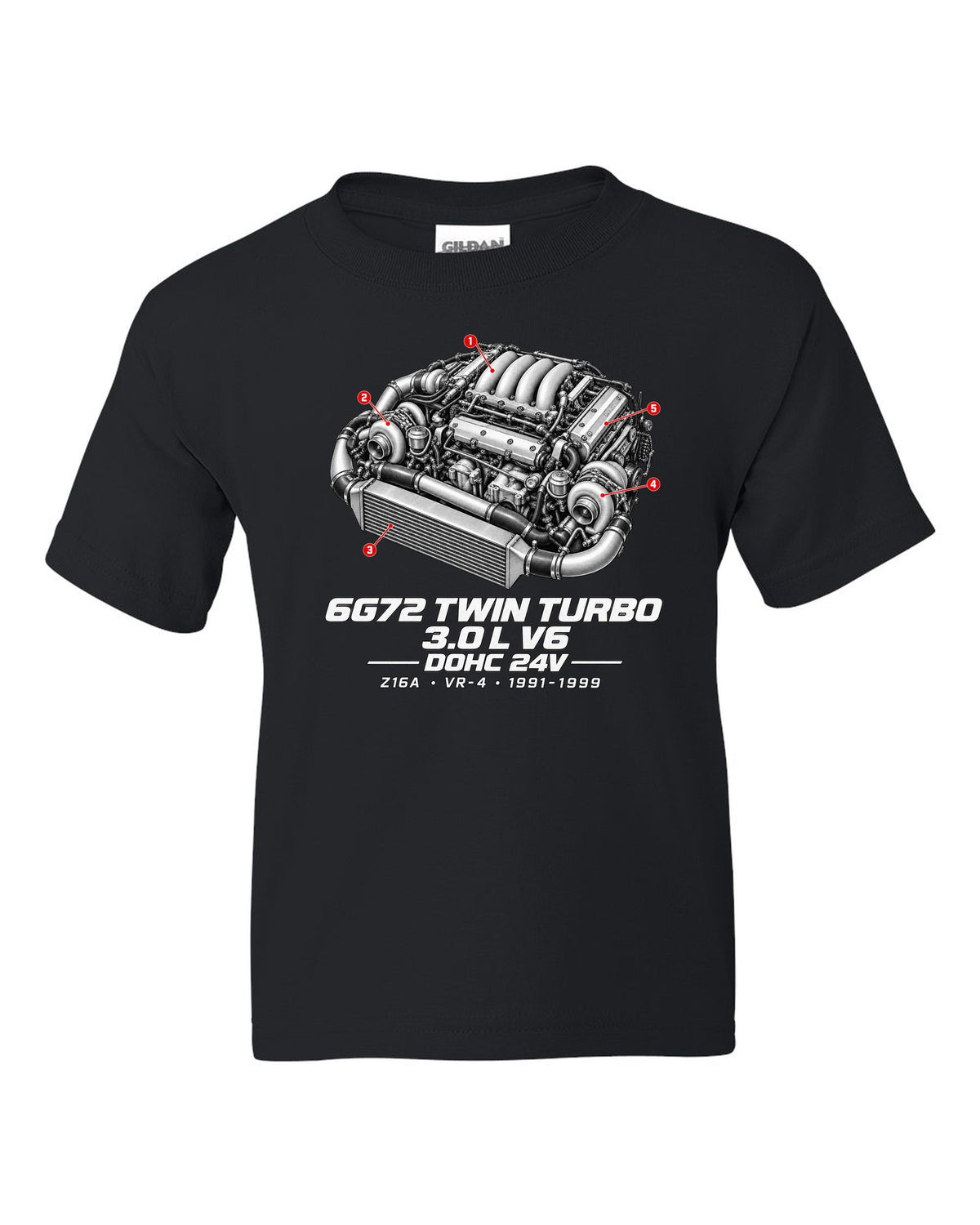 Mitsubishi 3000GT VR-4 Z16A engine bay with 6G72 twin turbo V6 specs black kids tee front view with the design