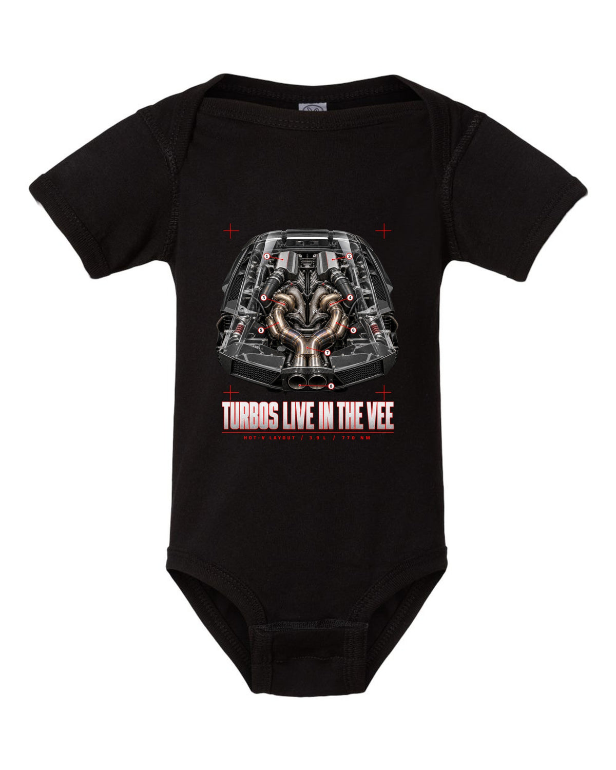 Engine cover callout print of a Ferrari F8 Tributo with hot-V layout, 3.9 L and 770 Nm black baby onesie front view with the design