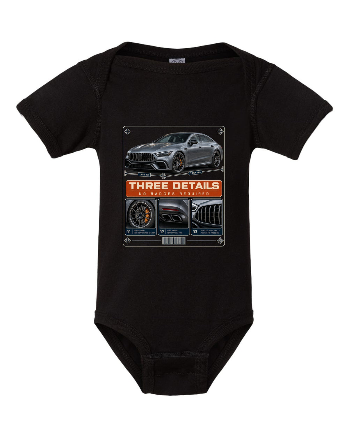 Mercedes-AMG GT 63 S 4-Door X290 dossier panel design in slate and orange black baby onesie front view with the design