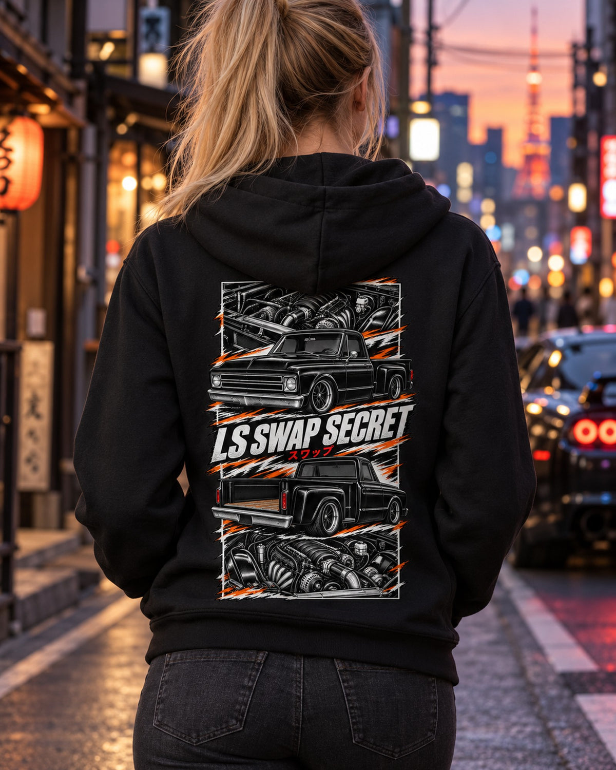 Chevy C10 LS Swap Torn Poster Full-Back Graphic Tee Zip Hoodie Black worn hero
