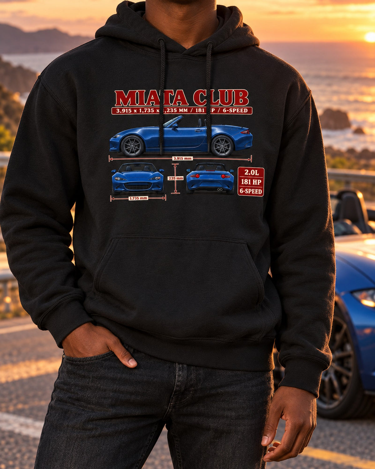 Mazda MX-5 ND Club Three-View Spec Shirt, Miata Car Gift Pull Over Hoodie Black worn hero
