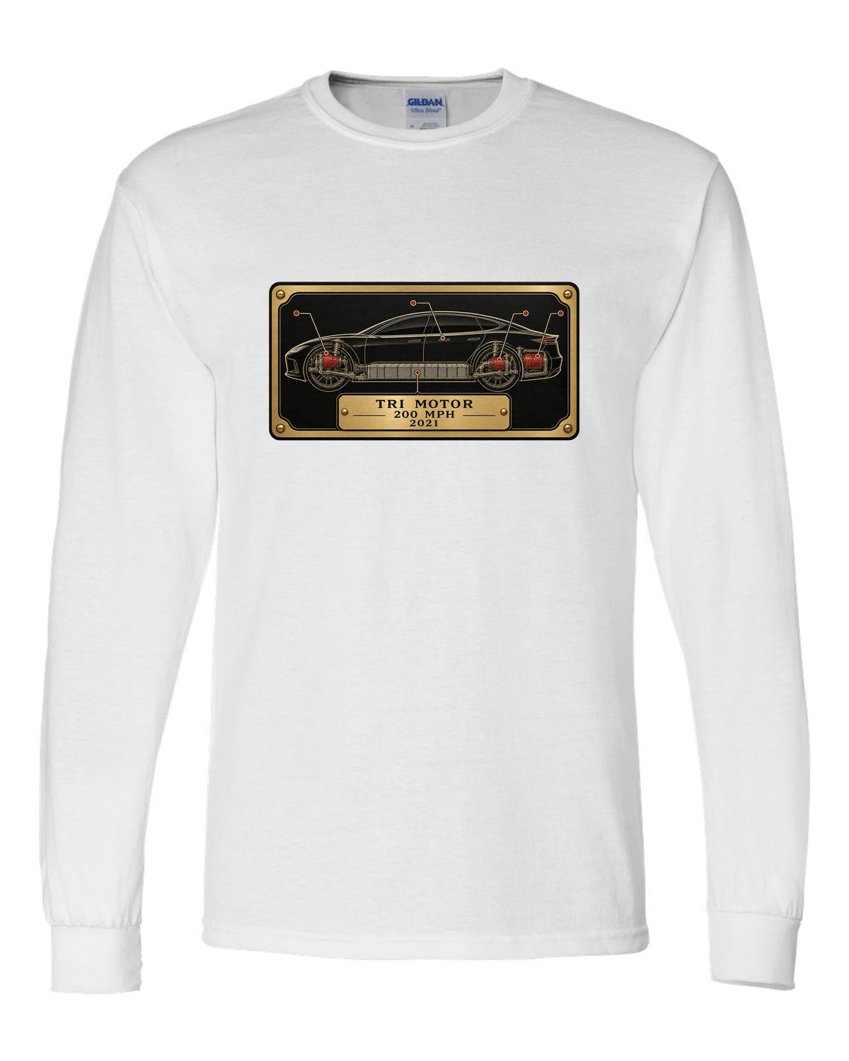 Spec-sheet data plate layout for a 2021 Tesla Model S Plaid with the words Tri Motor 200 MPH 2021 white long sleeve front view with the design