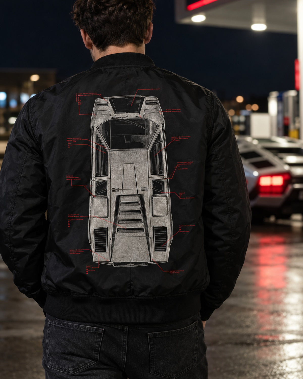 Countach LP400 Spec Plan Shirt, 4.0 V12 375 PS Car Tee Bomber Jacket Black worn hero