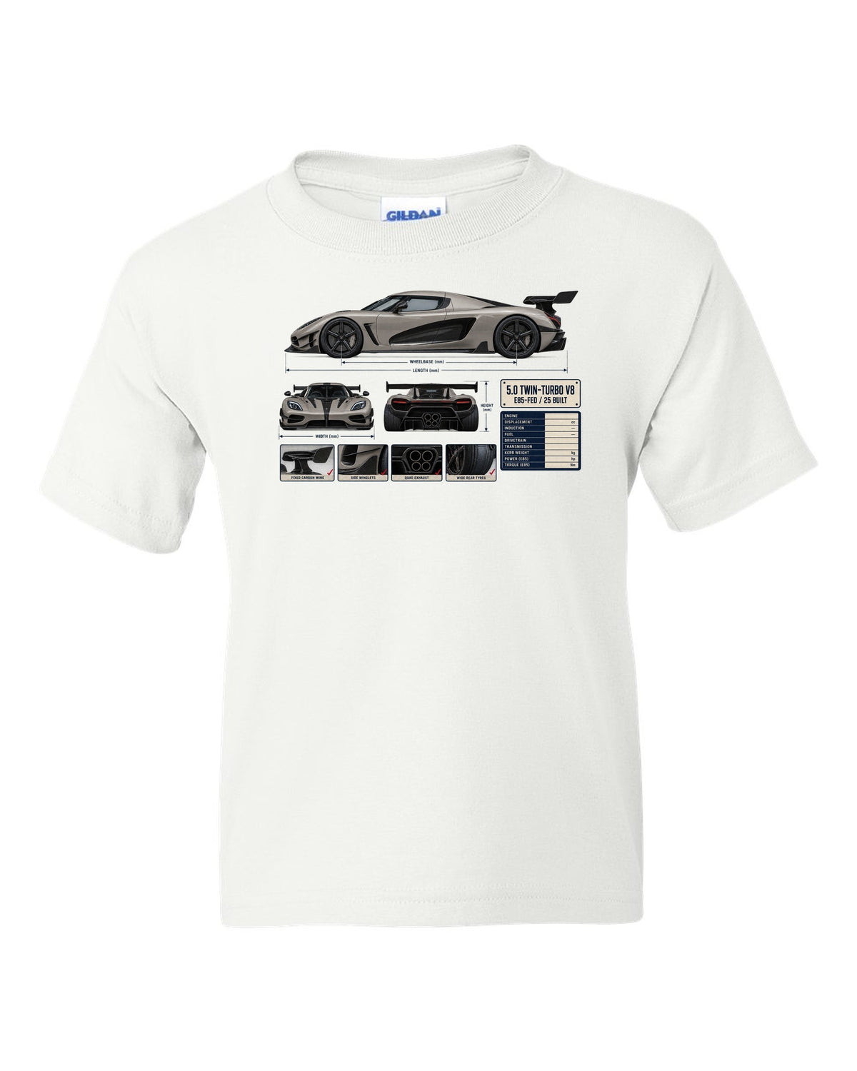 Three-view and spec table print of the Koenigsegg Agera RS with the text 5.0 twin-turbo V8, E85-fed, 25 built white kids tee front view with the design
