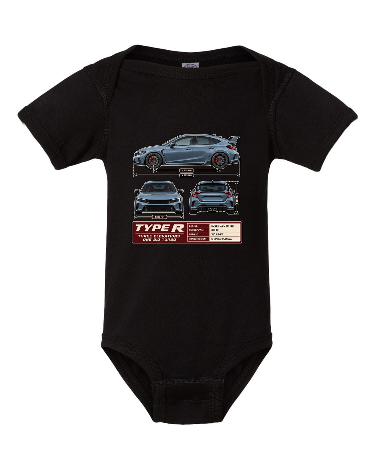 Civic Type R FL5 Three-View Spec Sheet Tee for Car Guys black baby onesie front view with the design