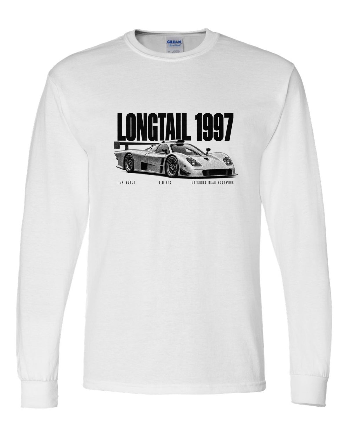 Halftone print of a 1997 McLaren F1 GTR Longtail with extended rear bodywork white long sleeve front view with the design