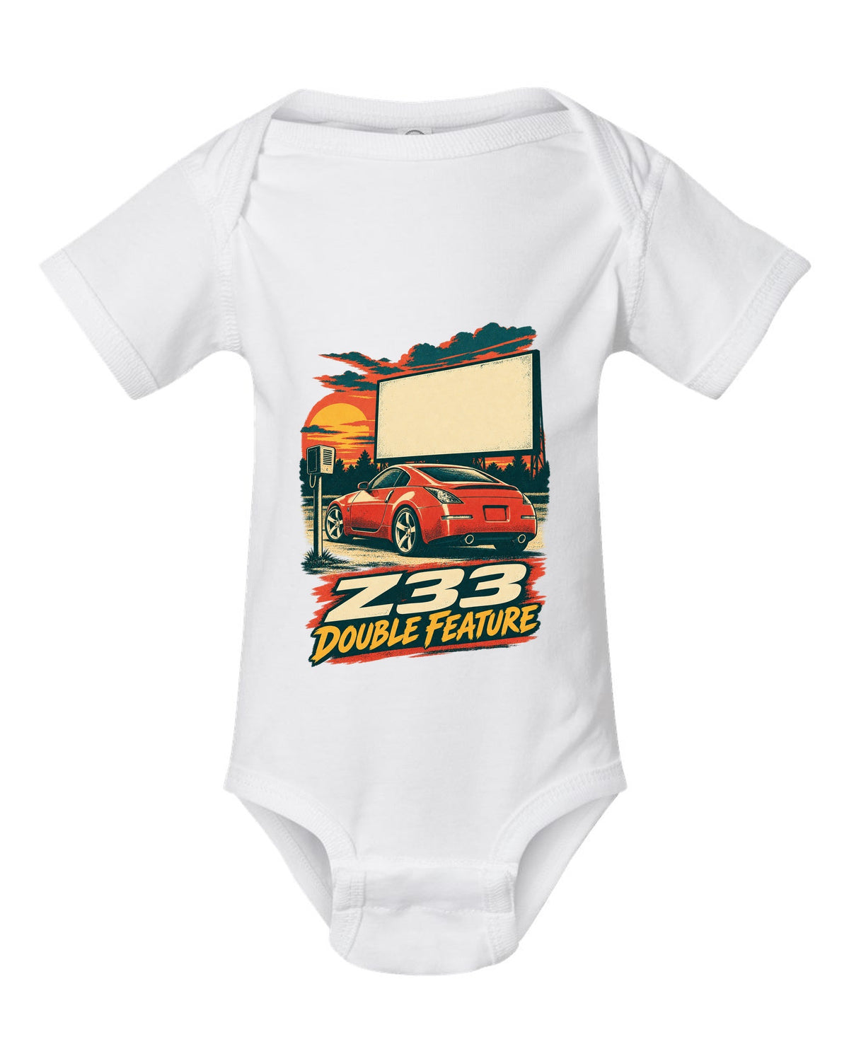 Vintage lithograph race poster print of a Nissan 350Z Z33 at a drive-in white baby onesie front view with the design