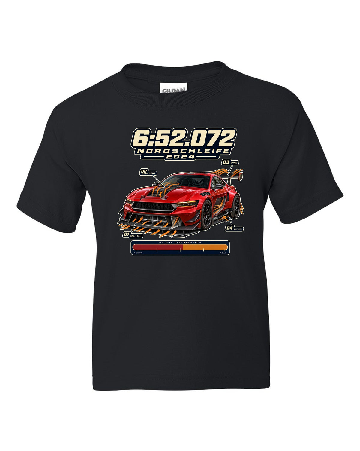 print of a Mustang GTD with aero callouts and 6:52.072 Nordschleife 2024 text black kids tee front view with the design