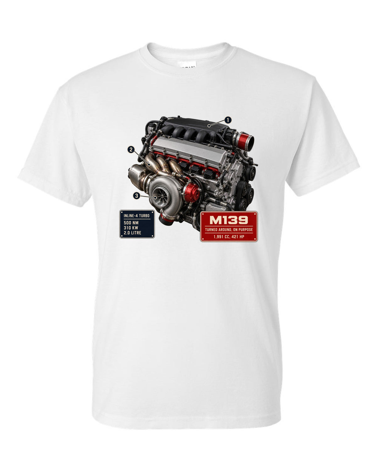Mercedes-AMG M139 2.0 litre turbo four engine hero print white t-shirt front view with the design