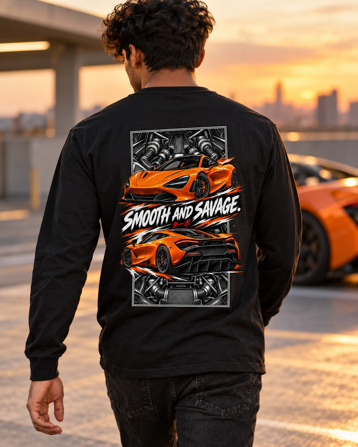 Mclaren 720S Torn Poster Full-Back Graphic Tee Long Sleeve Black worn hero