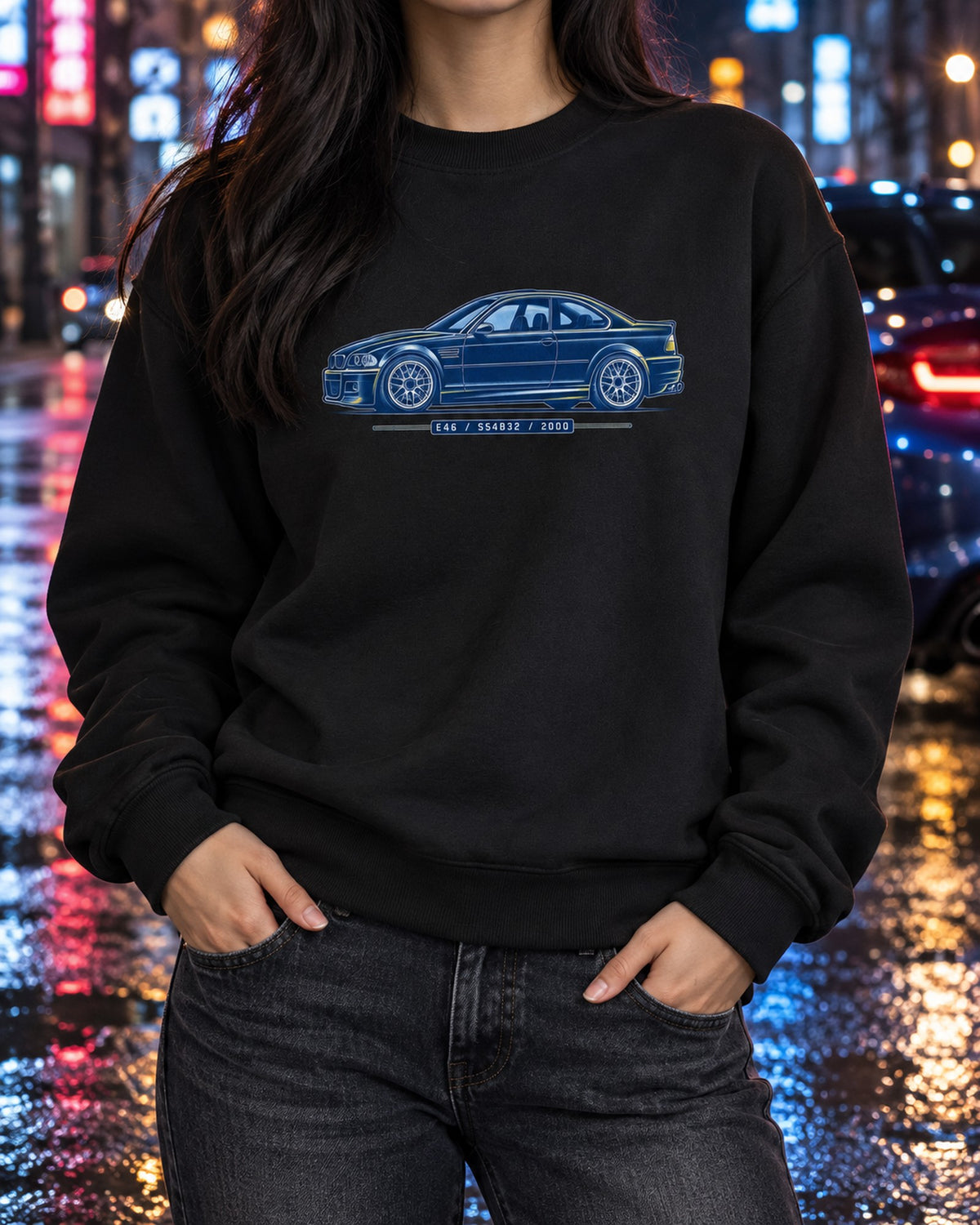BMW E46 M3 S54 Cyanotype Blueprint Shirt, Car Guy Gift Crewneck Black worn hero