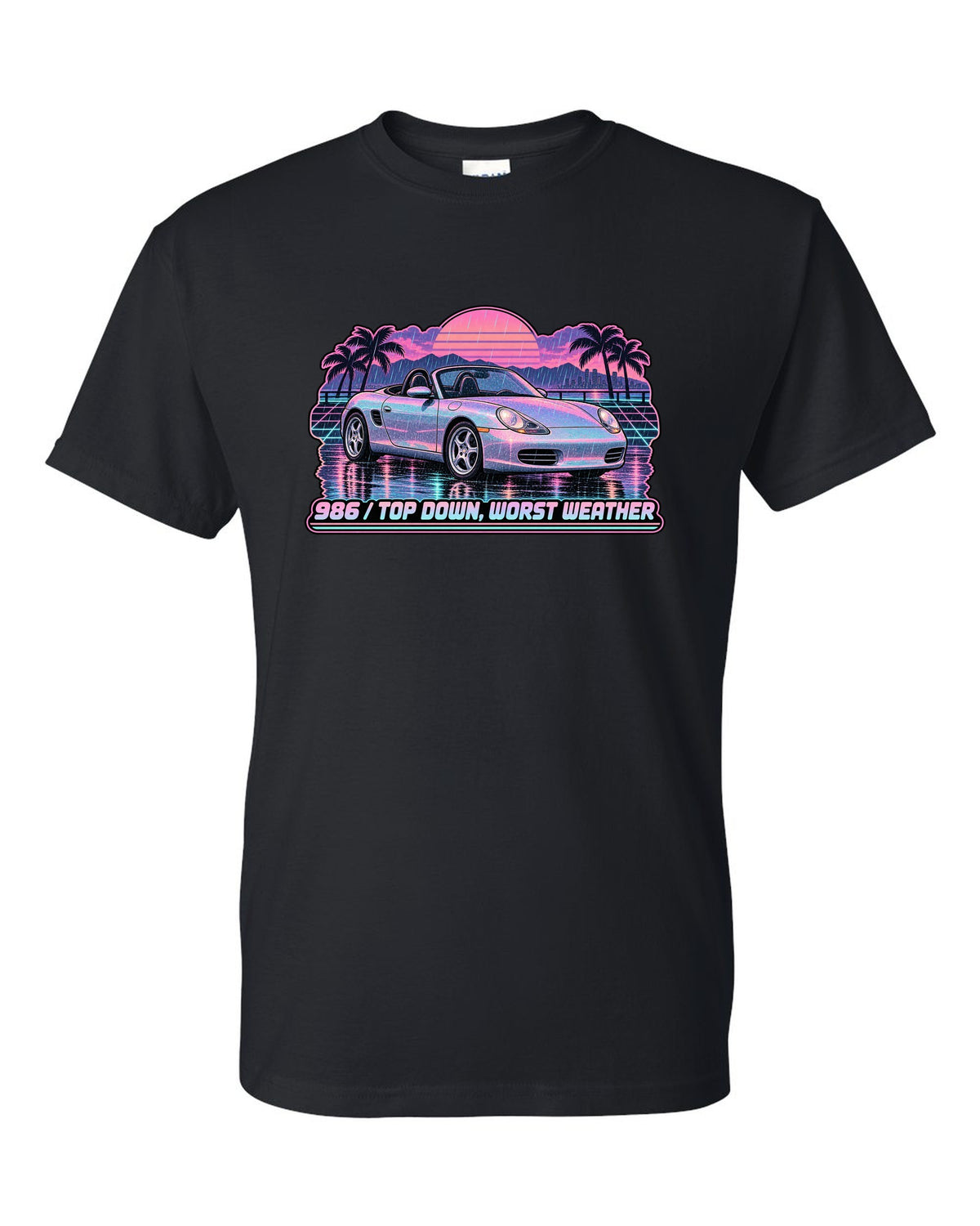 Lo-fi vaporwave Porsche Boxster 986 with the roof down black t-shirt front view with the design