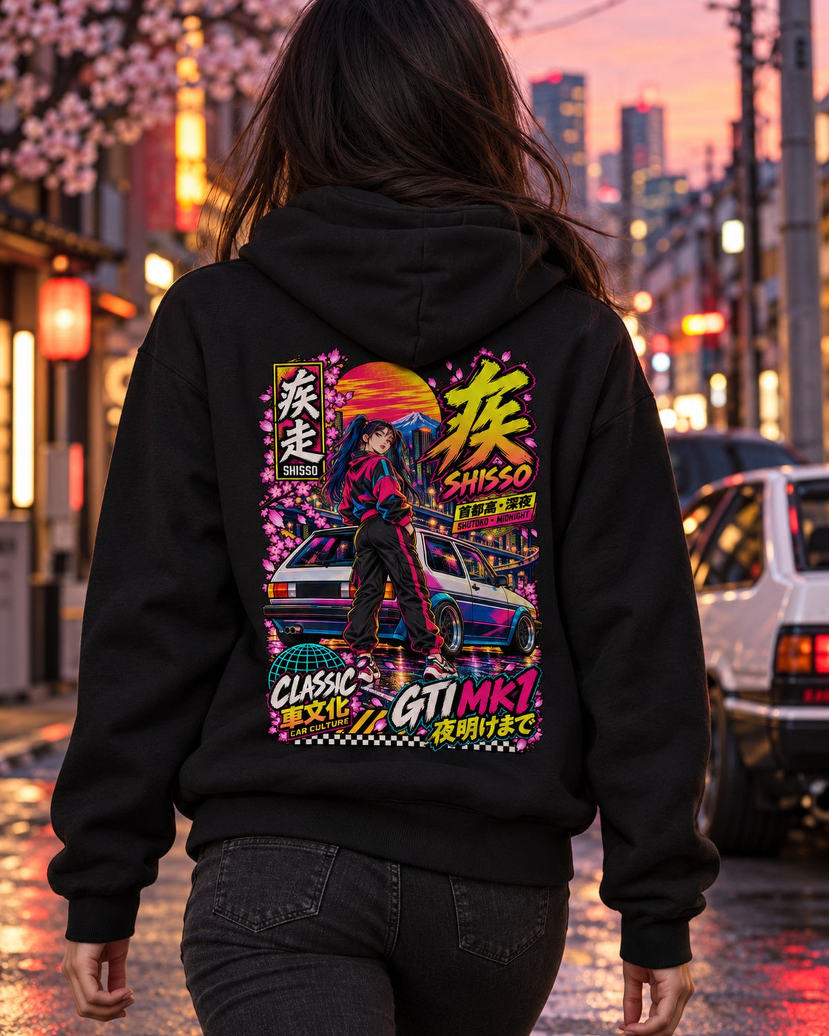 SHISSO GTI MK1 Anime Girl Full-Back Graphic Tee Pull Over Hoodie Black worn hero