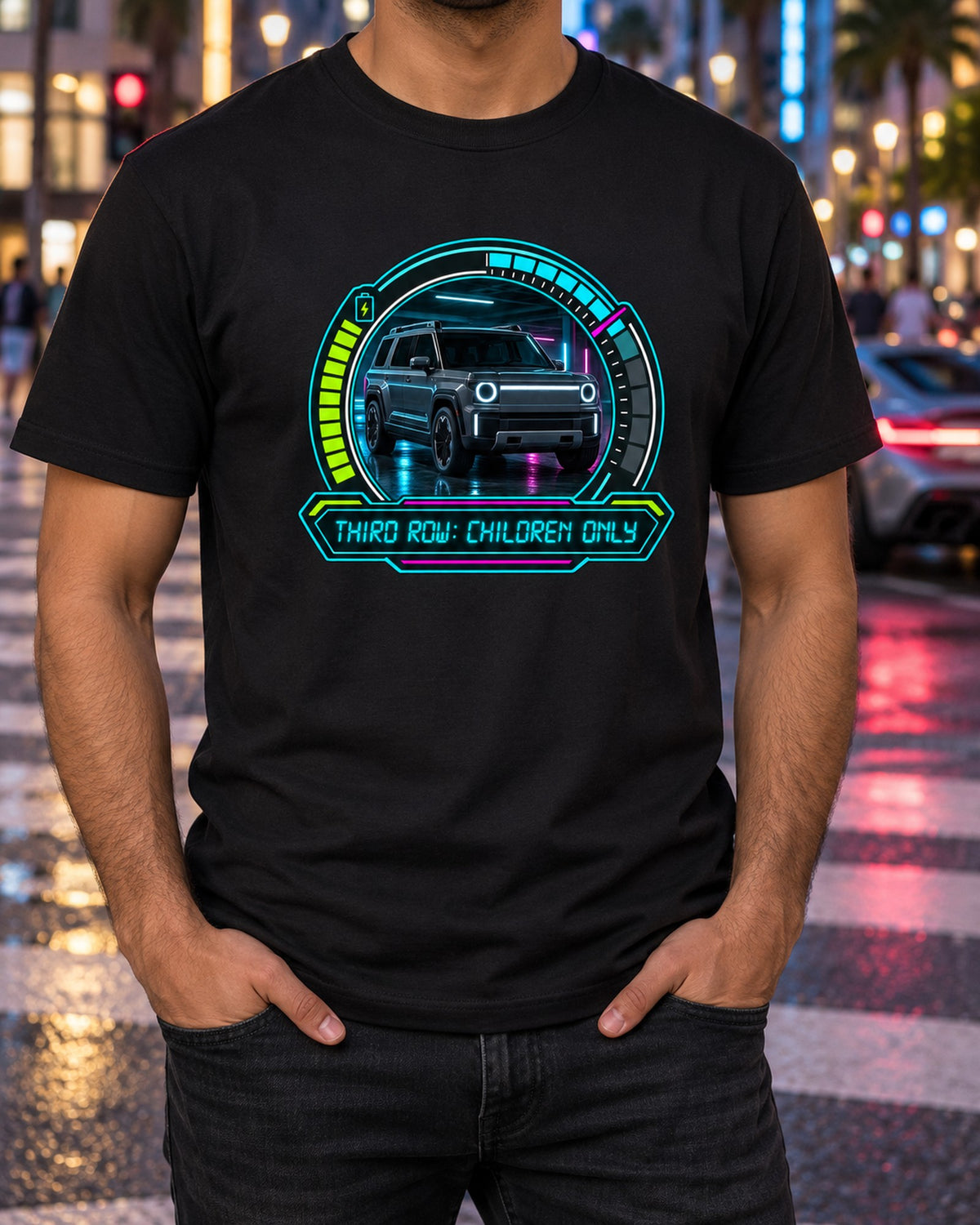 Rivian R1S Gauge Cluster Shirt, Third Row Family EV Gift T-Shirt Black worn hero