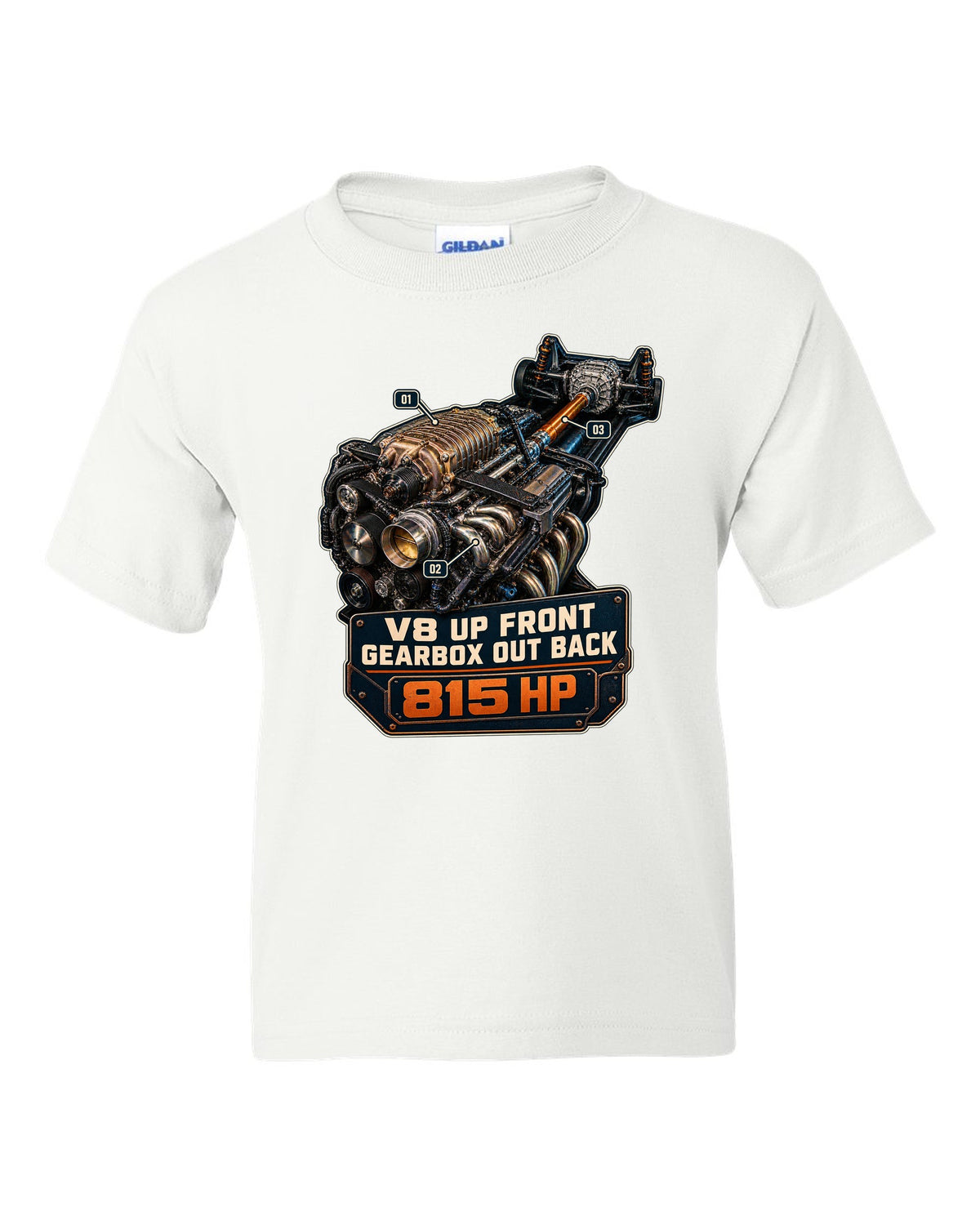 print of a Mustang GTD supercharged V8 engine with V8 up front gearbox out back text white kids tee front view with the design