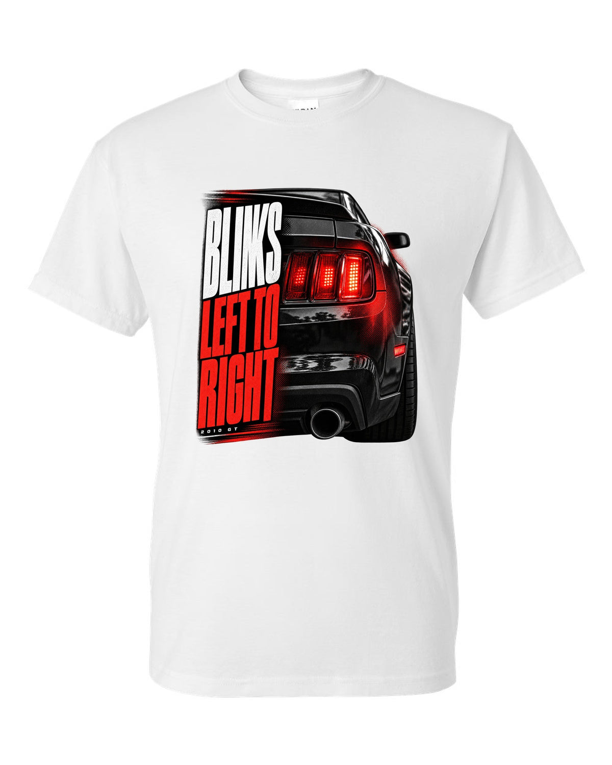 Macro print of a 2010 Ford Mustang S197 GT taillight white t-shirt front view with the design