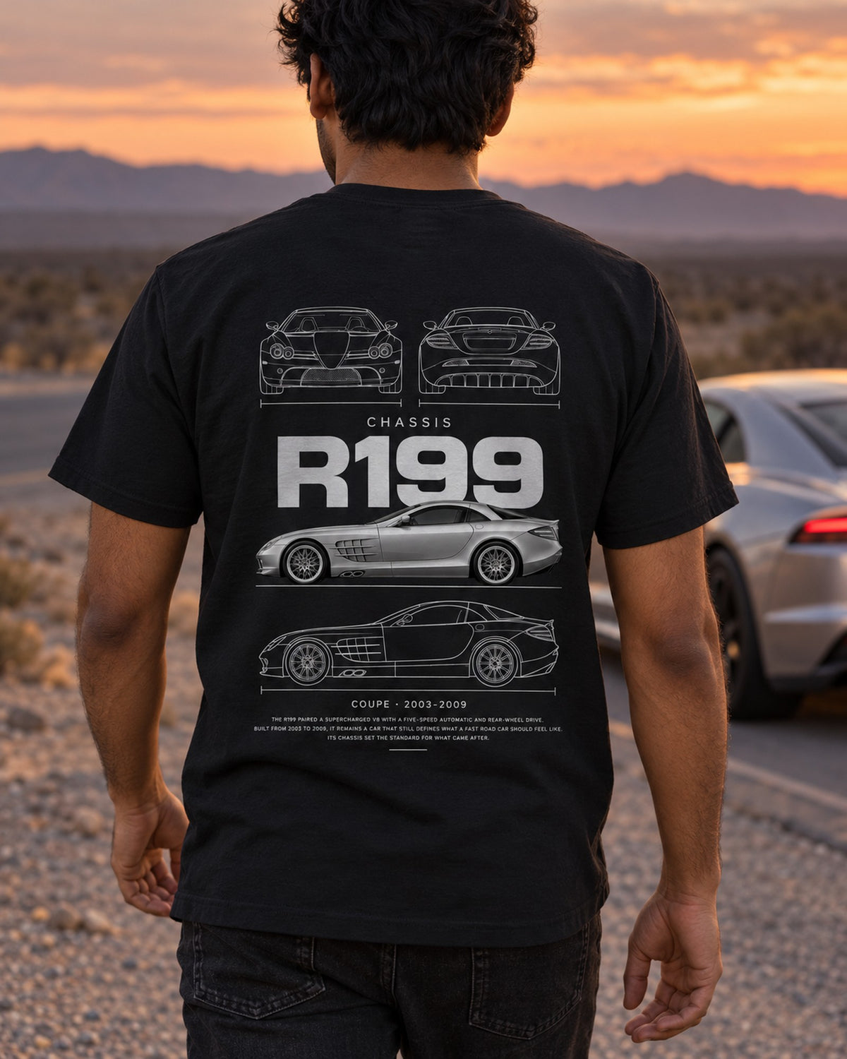 Mercedes SLR McLaren coupe Blueprint Full-Back Graphic Tee, R199 Chassis Code T-Shirt Black worn hero
