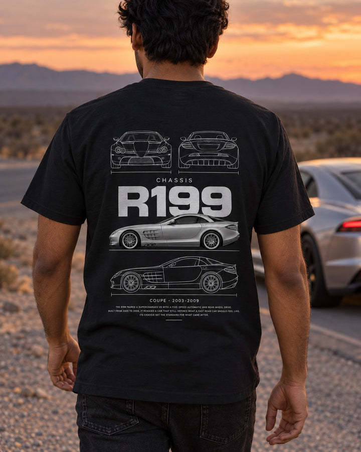 Mercedes SLR McLaren coupe Blueprint Full-Back Graphic Tee, R199 Chassis Code T-Shirt Black worn hero